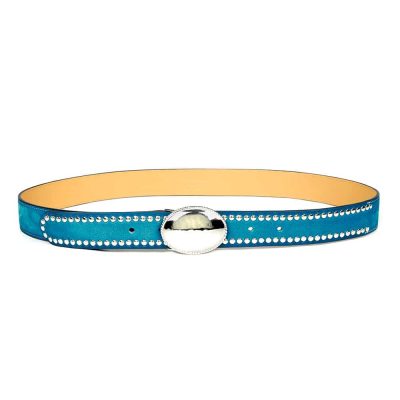 Ceinture cloutée en cuir artisanal pour femme Gorfou avec boucle arrondie pleine. Made in France, haut de gamme. Couleur bleu turquoise et argent. Fabriquée en France.