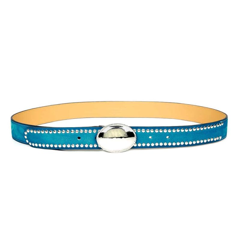 Ceinture cloutée en cuir artisanal pour femme Gorfou avec boucle arrondie pleine. Made in France, haut de gamme. Couleur bleu turquoise et argent. Fabriquée en France.