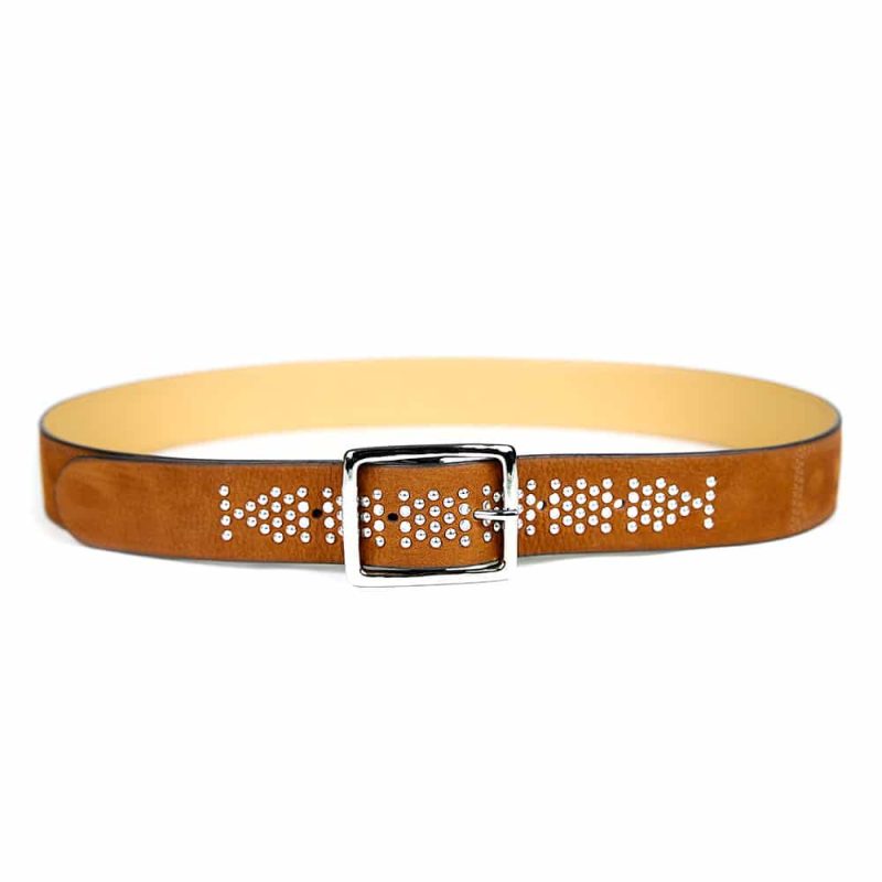 Ceinture en cuir artisanal pour femme Kéa. Made in France, haut de gamme. Couleur marron fauve et argent. Fabriquée en France.