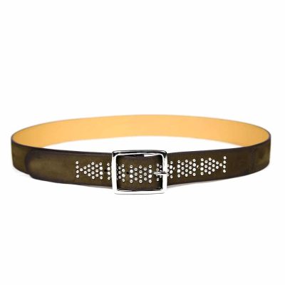 Ceinture en cuir artisanal pour femme Kéa. Made in France, haut de gamme. Couleur vert kaki et argent. Fabriquée en France.