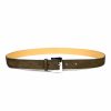 Ceinture en cuir artisanal pour femme Mésange. Made in France, haut de gamme. Couleur vert kaki et boucle argentée. Fabriquée en France.