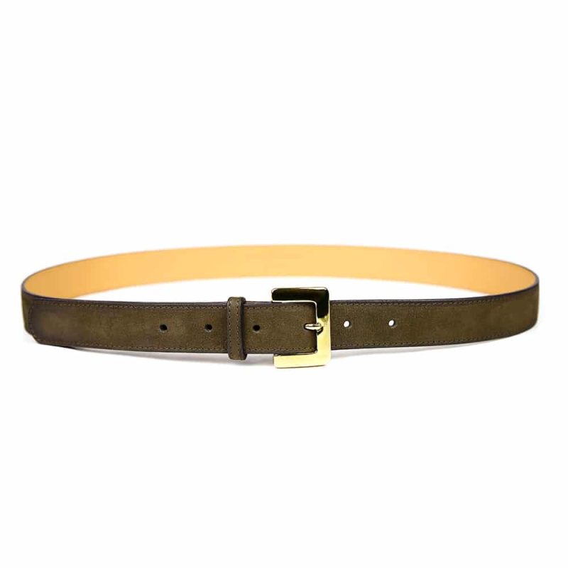 Ceinture en cuir artisanal pour femme Mésange. Made in France, haut de gamme. Couleur vert kaki et boucle dorée. Fabriquée en France.