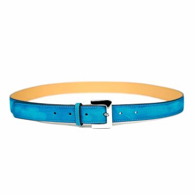 Ceinture en cuir artisanal pour femme Mésange. Made in France, haut de gamme. Couleur bleu turquoise et boucle argentée. Fabriquée en France.