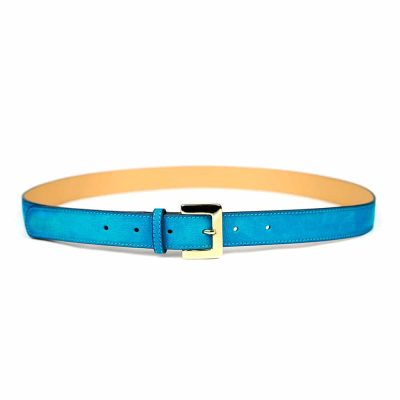 Ceinture en cuir artisanal pour femme Mésange. Made in France, haut de gamme. Couleur bleu turquoise et boucle dorée. Fabriquée en France.