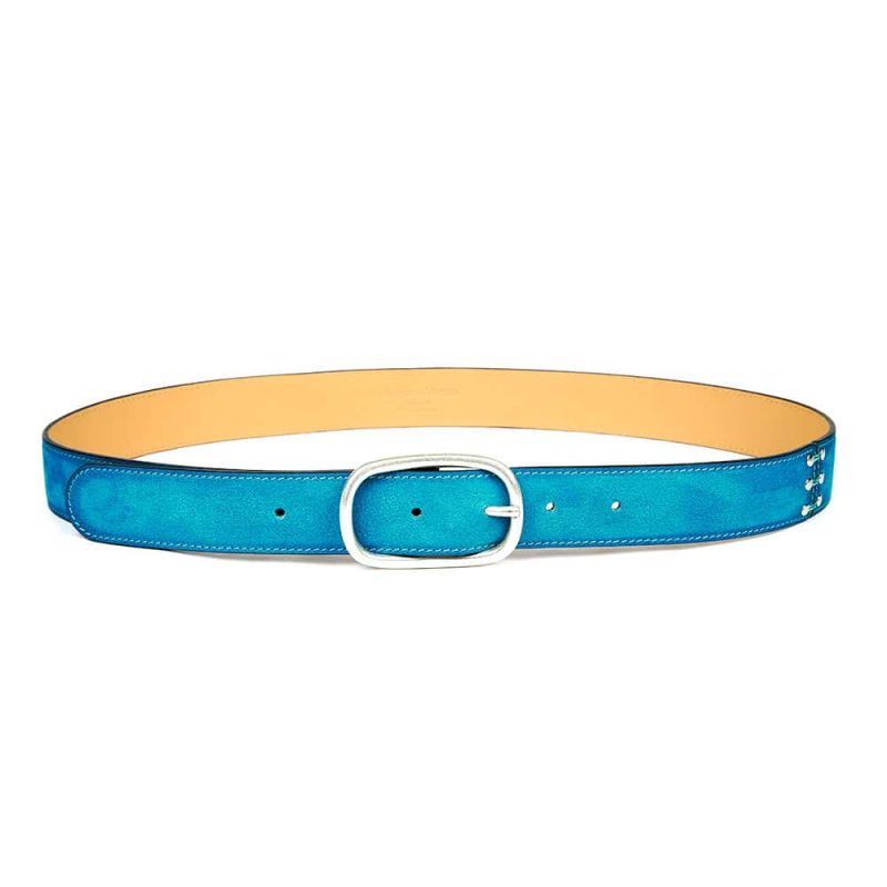 Ceinture en cuir artisanal pour femme Padda. Made in France, haut de gamme. Couleur bleu turquoise. Fabriquée en France.