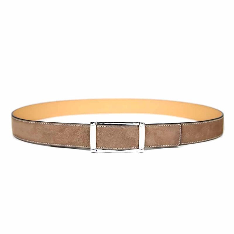 Ceinture en cuir de taurillon et doublure en veau naturel artisanal pour femme et homme Duc. Made in France, haut de gamme. Couleur beige/marron dauphine. Fabriquée en France.
