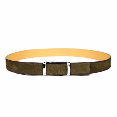 Ceinture en cuir de taurillon et doublure en veau naturel artisanal pour femme et homme Duc. Made in France, haut de gamme. Couleur kaki et argent. Fabriquée en France.