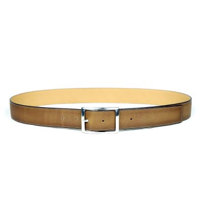 Ceinture pour homme en cuir artisanal Milan. Made in France, haut-de-gamme. Couleur marron/beige dit havane avec boucle chromée. Fabriquée en France.