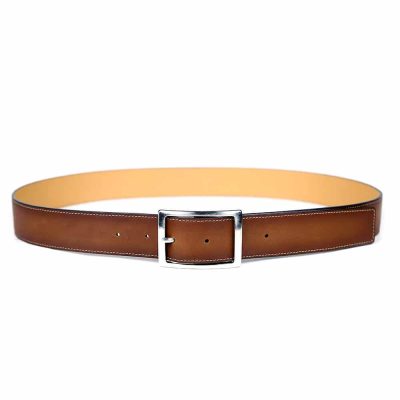 Ceinture pour homme en cuir artisanal Milan. Made in France, haut-de-gamme. Couleur marron clair avec boucle chromée. Fabriquée en France.