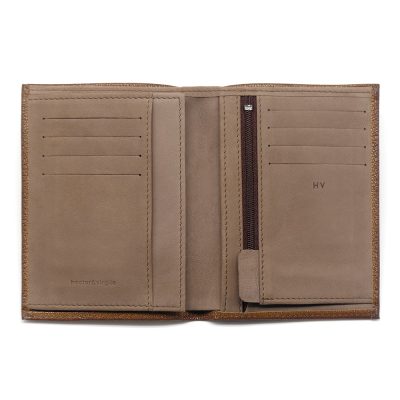 Portefeuille en cuir grainé Cormoran, couleur bronze, artisanal . Made in France, haut de gamme. Fabriqué en France.