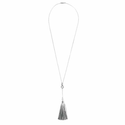 Collier pour femme en cuir artisanal et métal Pinson. Made in France, haut de gamme. Couleur noir, blanc et argent. Fabriquée en France.