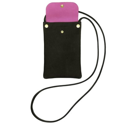Pochette made in France en cuir artisanal Macareux. Couleur vert kaki avec intérieur rose. Accessoire de luxe fabriqué en France.