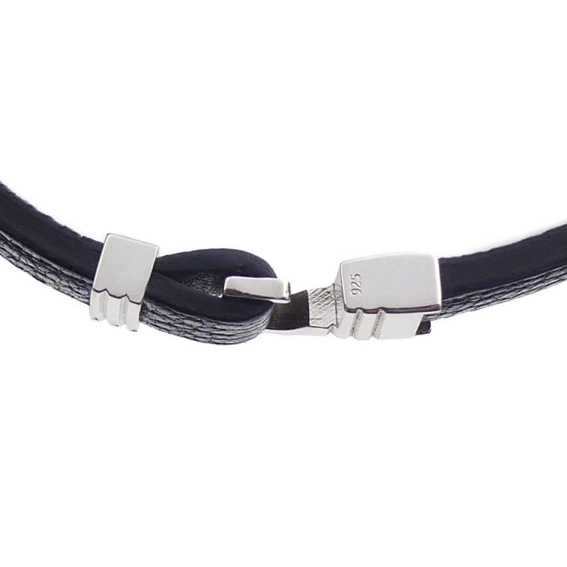Bracelet en cuir artisanal pour homme Caracal 10 couleur noir avec fermoir argent. Made in France, de luxe. Fabriqué en France.