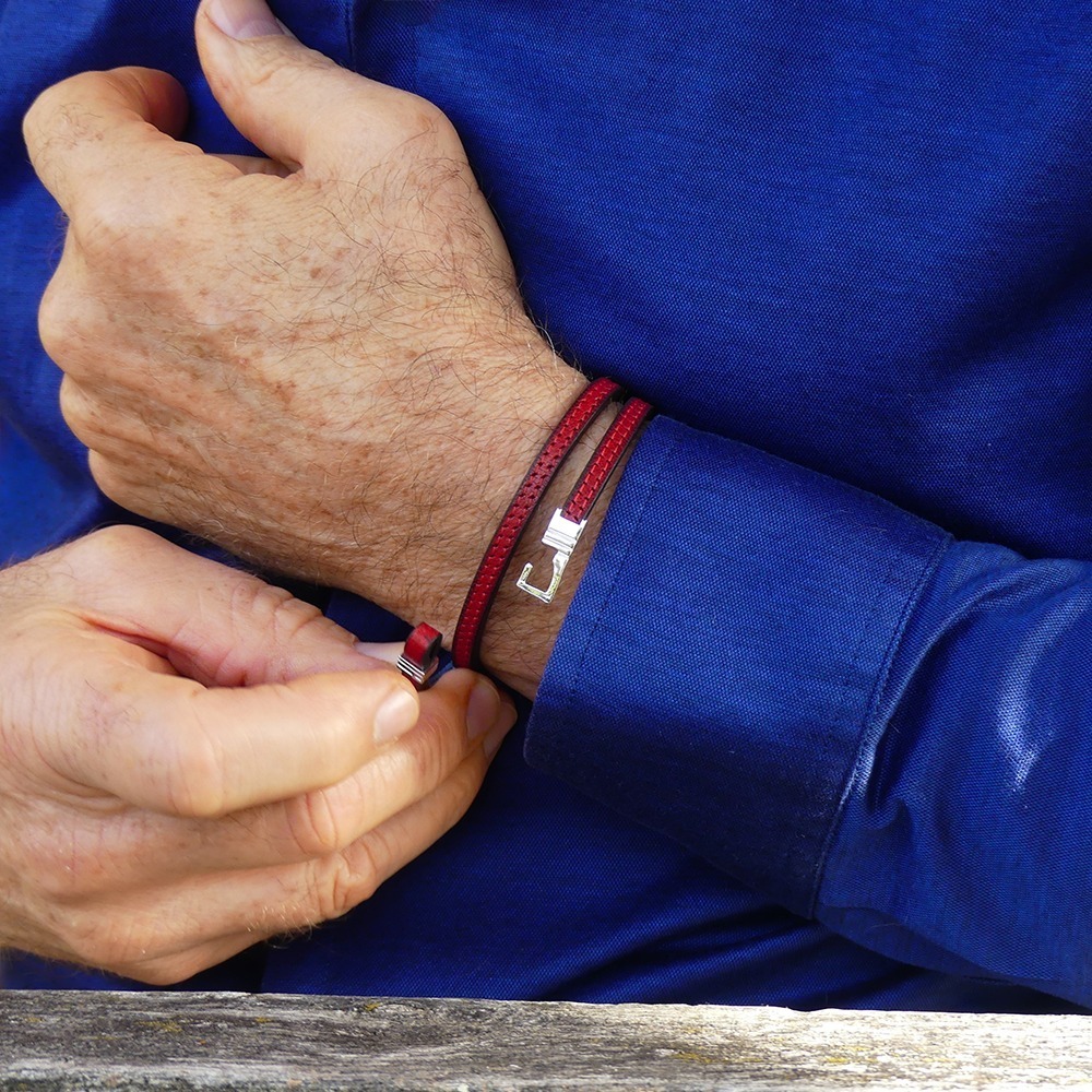 Bracelet cuir et argent massif double le Caracal 5 - made in France ...