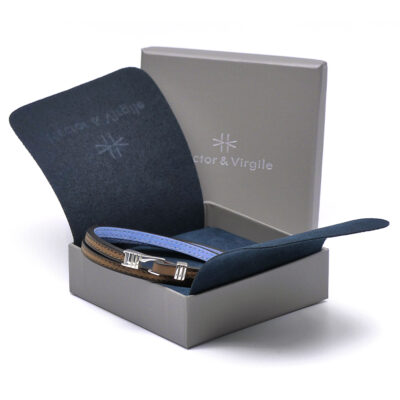 Bracelet en cuir artisanal pour homme Caracal 5 double couleur bronze avec fermoir argent. Made in France, de luxe, packaging. Fabriqué en France.