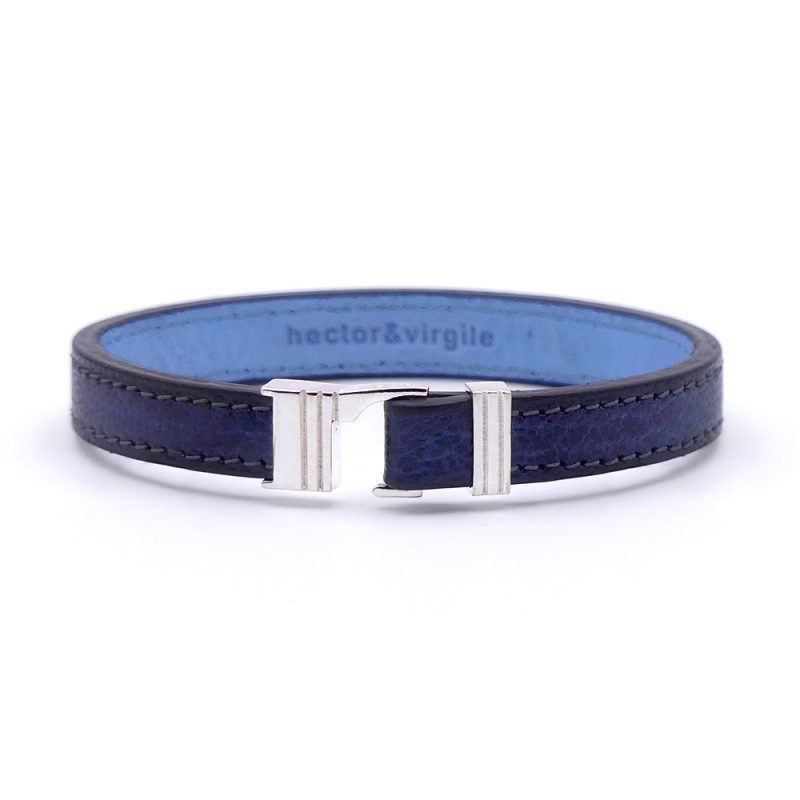 Bracelet en cuir artisanal pour homme Caracal 10 couleur bleu nuit avec fermoir argent. Made in France, de luxe. Fabriqué en France.