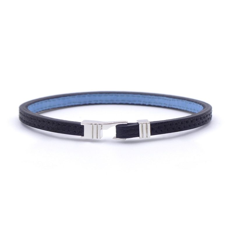 Bracelet en cuir artisanal pour homme Caracal 5 couleur noir avec fermoir argent. Made in France, de luxe. Fabriqué en France.