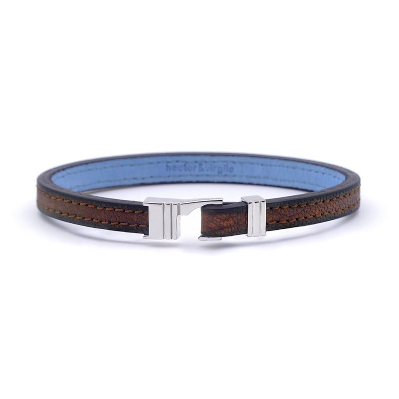 Bracelet en cuir artisanal pour homme Caracal 7 couleur châtaigne avec fermoir argent. Made in France, de luxe. Fabriqué en France.