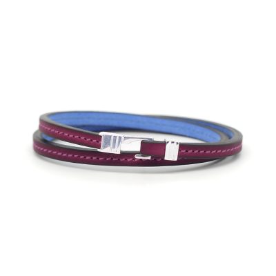 Bracelet en cuir artisanal pour homme Caracal 5 double couleur aubergine avec fermoir argent. Made in France, de luxe. Fabriqué en France.