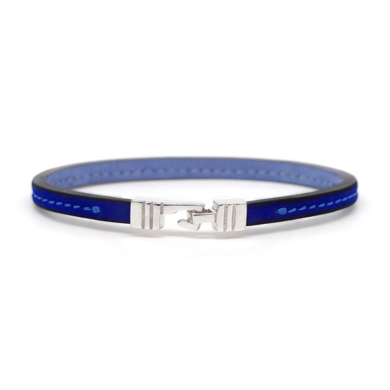 Bracelet en cuir artisanal pour homme Babouk 5 couleur bleu majorelle avec fermoir argent. Made in France, de luxe. Fabriqué en France.