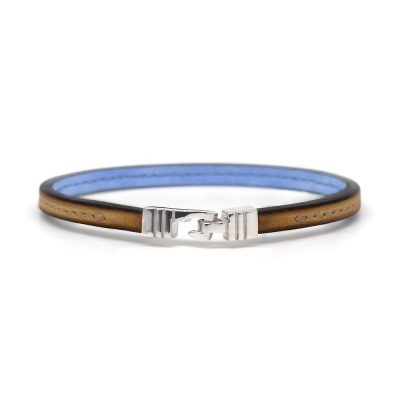 Bracelet en cuir artisanal pour homme Babouk 5 couleur sépia avec fermoir argent. Made in France, de luxe. Fabriqué en France.