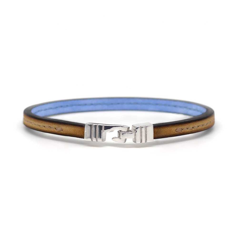 Bracelet en cuir artisanal pour homme Babouk 5 couleur sépia avec fermoir argent. Made in France, de luxe. Fabriqué en France.