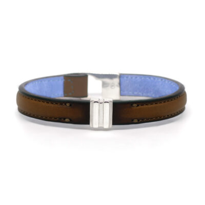 Bracelet en cuir artisanal pour homme Lycaon 10 couleur pain brulé avec fermoir argent. Made in France, de luxe. Fabriqué en France.