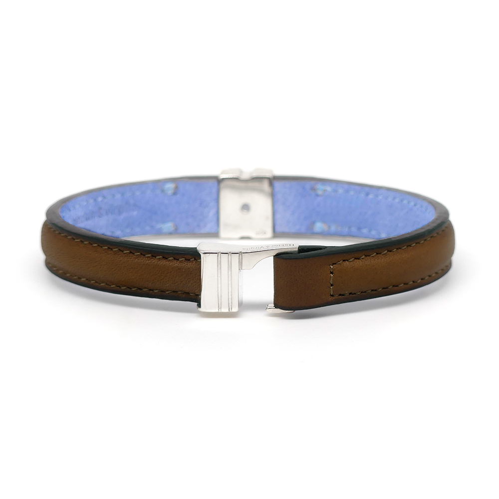 Bracelet en cuir artisanal pour homme Lycaon 10 couleur pain brulé avec fermoir argent. Made in France, de luxe. Fabriqué en France.