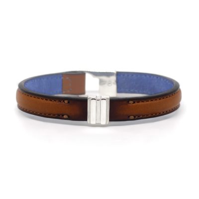 Bracelet en cuir artisanal pour homme Lycaon 10 couleur pain brulé avec fermoir argent. Made in France, de luxe. Fabriqué en France.