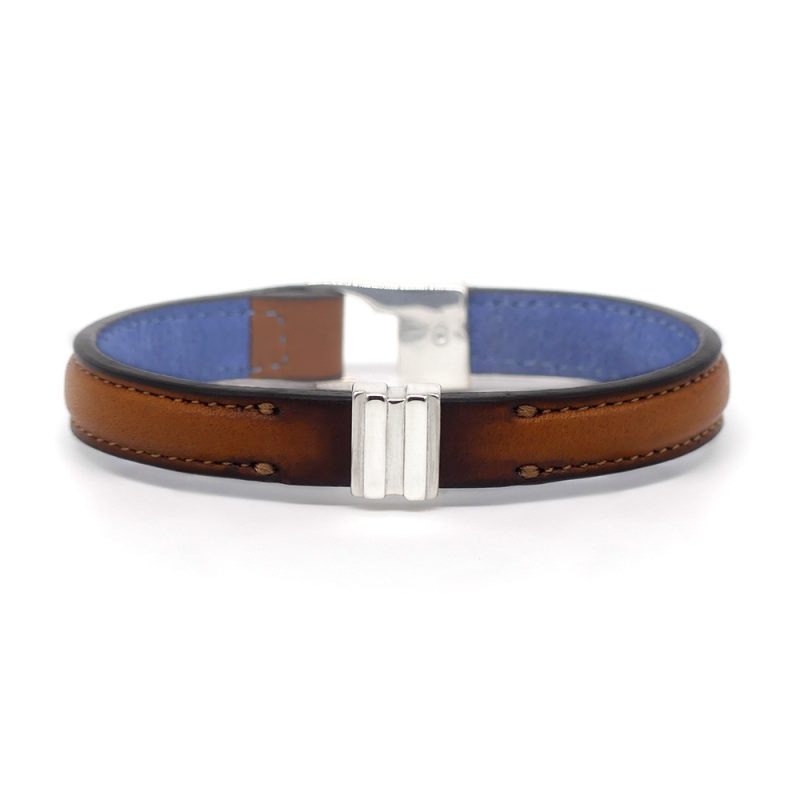 Bracelet en cuir artisanal pour homme Lycaon 10 couleur pain brulé avec fermoir argent. Made in France, de luxe. Fabriqué en France.