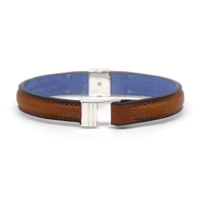 Bracelet en cuir artisanal pour homme Lycaon 10 couleur pain brulé avec fermoir argent. Made in France, de luxe. Fabriqué en France.