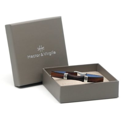 Bracelet en cuir artisanal pour homme Butor 7 couleur pain brulé avec fermoir argent. Made in France, de luxe, packaging. Fabriqué en France.