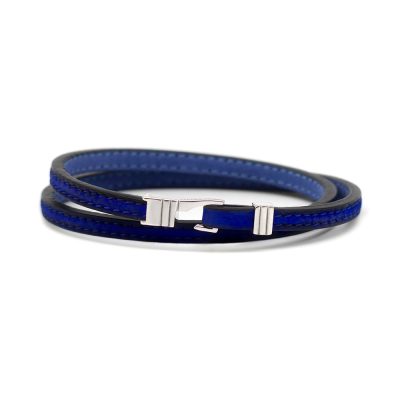 Bracelet en cuir artisanal pour homme Caracal 5 double couleur bleu roi avec fermoir argent. Made in France, de luxe. Fabriqué en France.