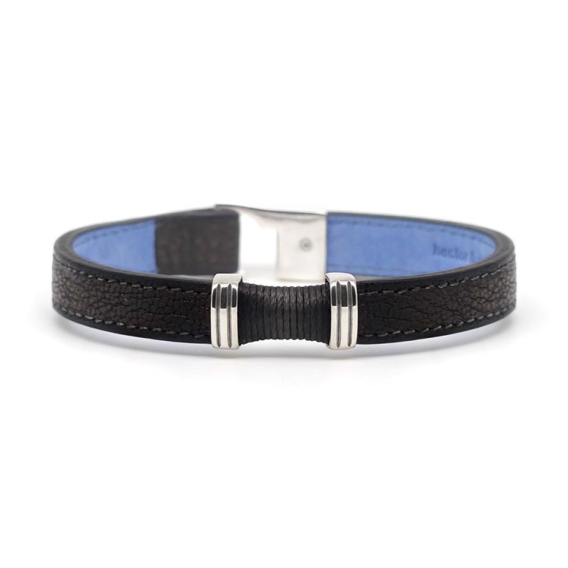 Bracelet en cuir artisanal pour homme Butor 10 couleur gris graphite avec fermoir argent. Made in France, de luxe. Fabriqué en France.