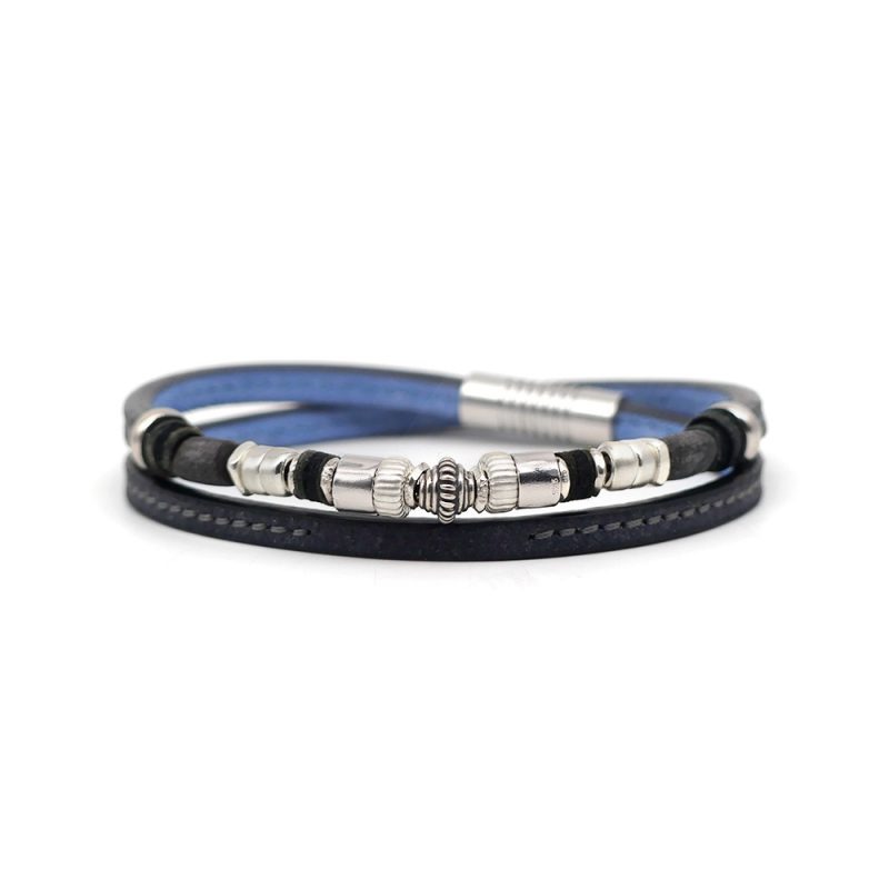 Bracelet en cuir artisanal, perles et argent pour homme Serval avec un design à la fois classique et original. Made in France, haut de gamme. Couleur gris anthracite. Fabriqué en France.