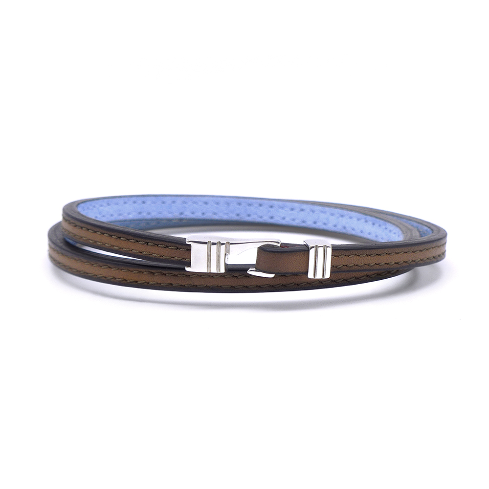 Bracelet en cuir artisanal pour homme Caracal 5 double couleur bronze avec fermoir argent. Made in France, de luxe. Fabriqué en France.