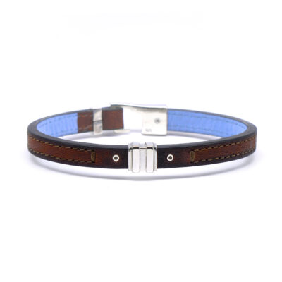 Bracelet en cuir artisanal pour homme Lycaon 7 couleur pain brulé avec fermoir argent. Made in France, de luxe. Fabriqué en France.