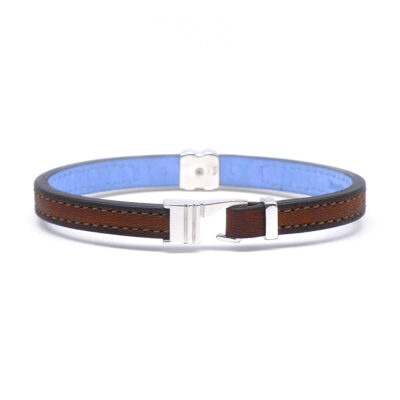 Bracelet en cuir artisanal pour homme Lycaon 7 couleur pain brulé avec fermoir argent. Made in France, de luxe. Fabriqué en France.
