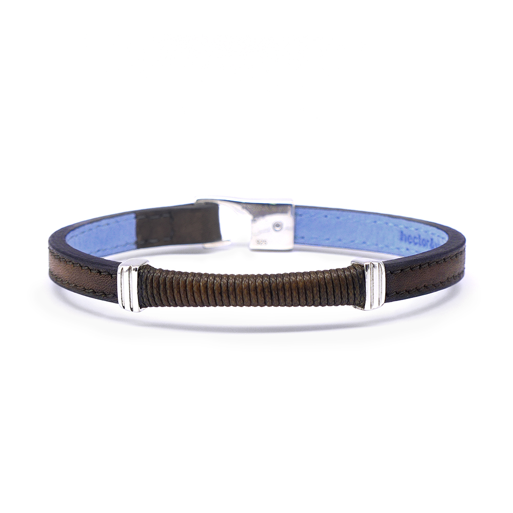 Bracelet en cuir artisanal pour homme Butor 7 couleur bronze avec fermoir argent. Made in France, de luxe. Fabriqué en France.