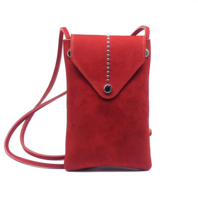 Pochette Wéka pour téléphone en cuir doux couleur rouge brique. Made in France, haut de gamme, artisanal. Fabriqué en France.