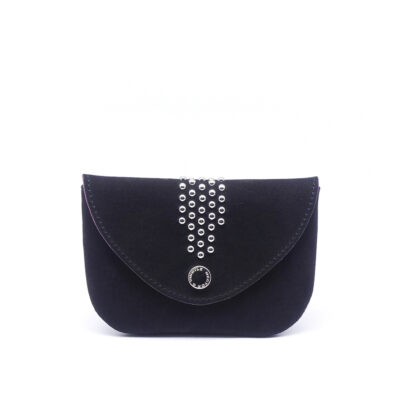 Portemonnaie clouté Coulicou en cuir doux couleur noir charbon et rose fuchsia. Made in France, haut de gamme, artisanal. Fabriqué en France.